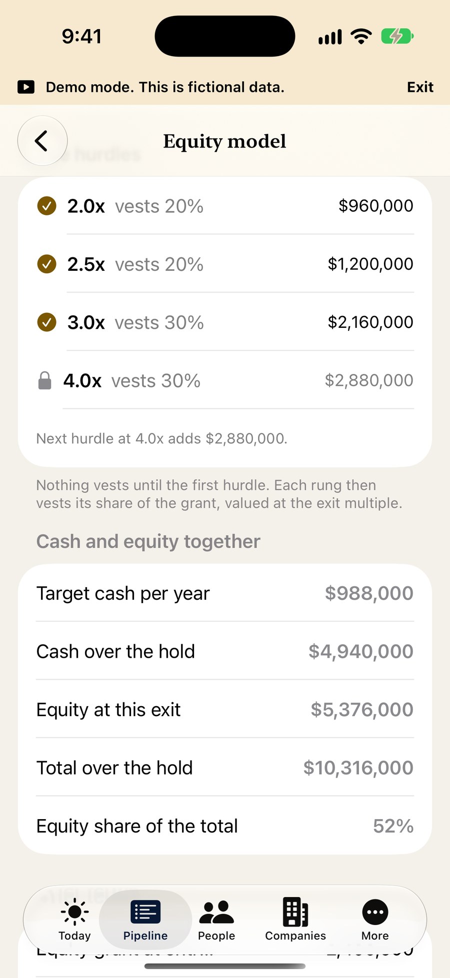 The hurdle tiers of the Equity model on iPhone, with cash and equity shown together