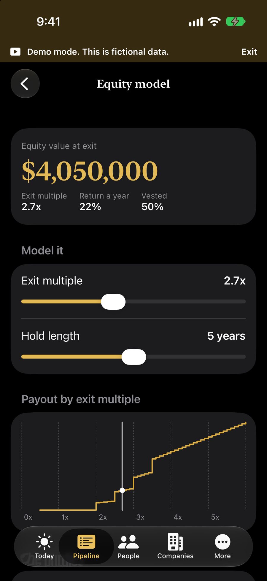 The Equity model screen on iPhone showing equity value at exit with sliders for exit multiple and hold length