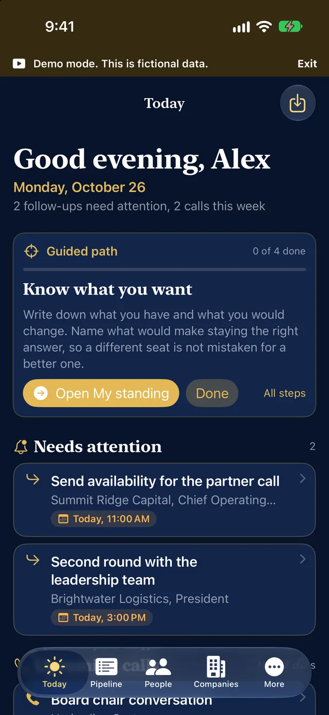 The Today screen on iPhone with a guided path card and a next step