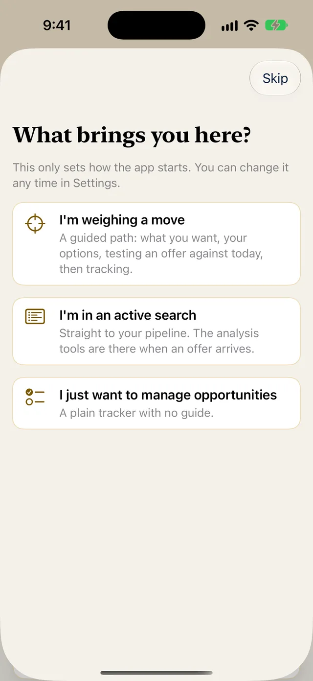 The What brings you here screen on iPhone with three choices