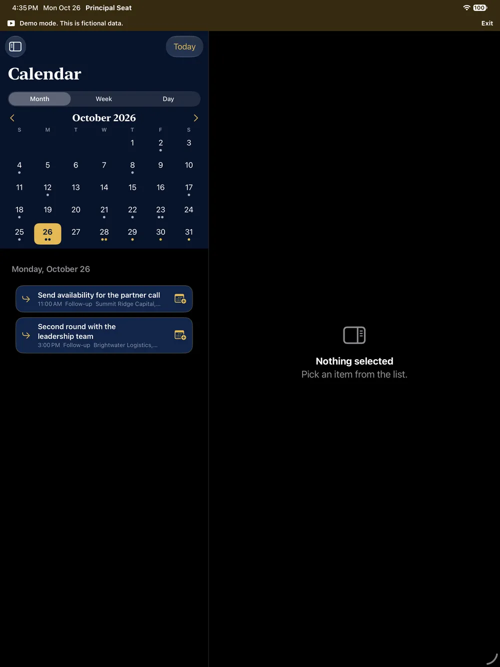 The Calendar on iPad in Month view, with dots on days that have follow-ups and the two items for today listed below