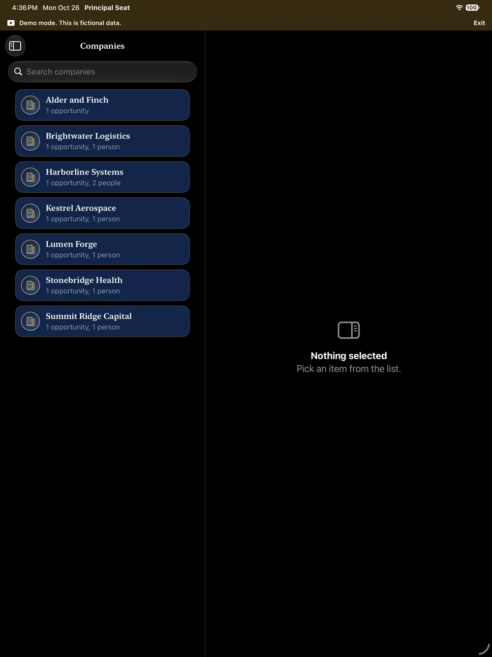 The Companies list on iPad with a search field and seven fictional companies
