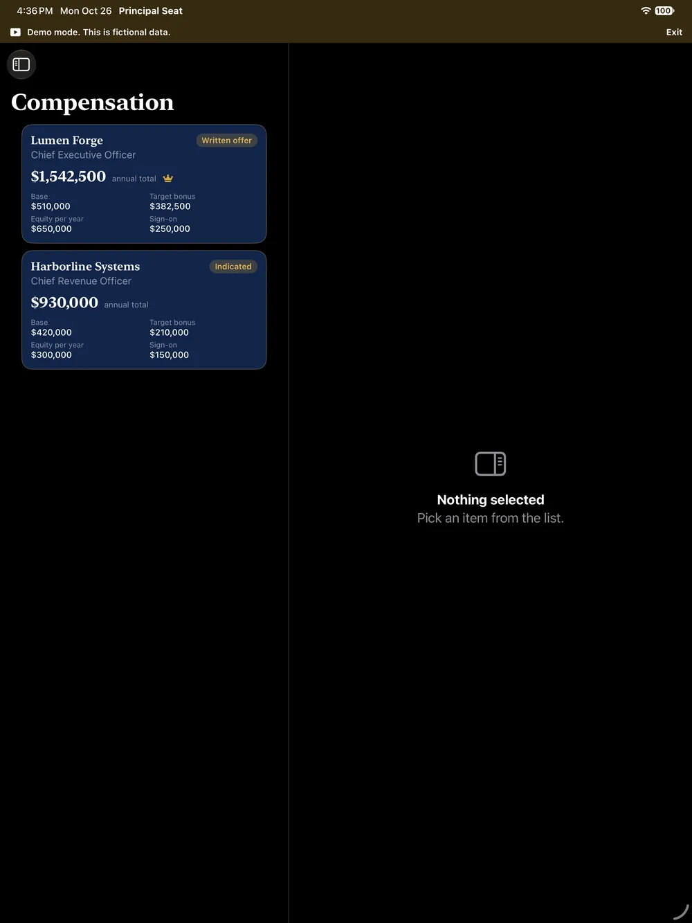 The Compensation screen on iPad with figures for two fictional opportunities shown as cards