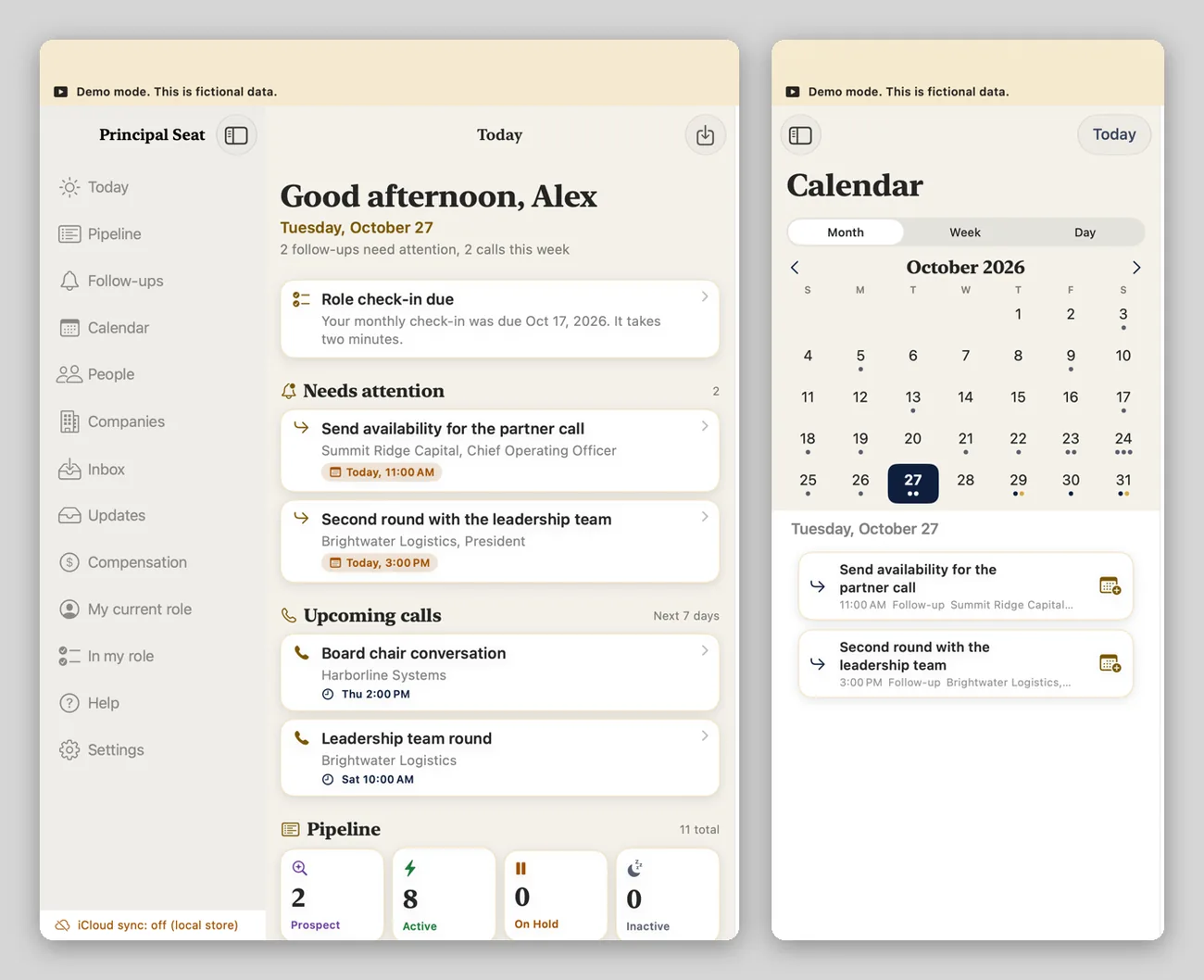 Two Principal Seat windows on a Mac, Today with the sidebar and the Calendar