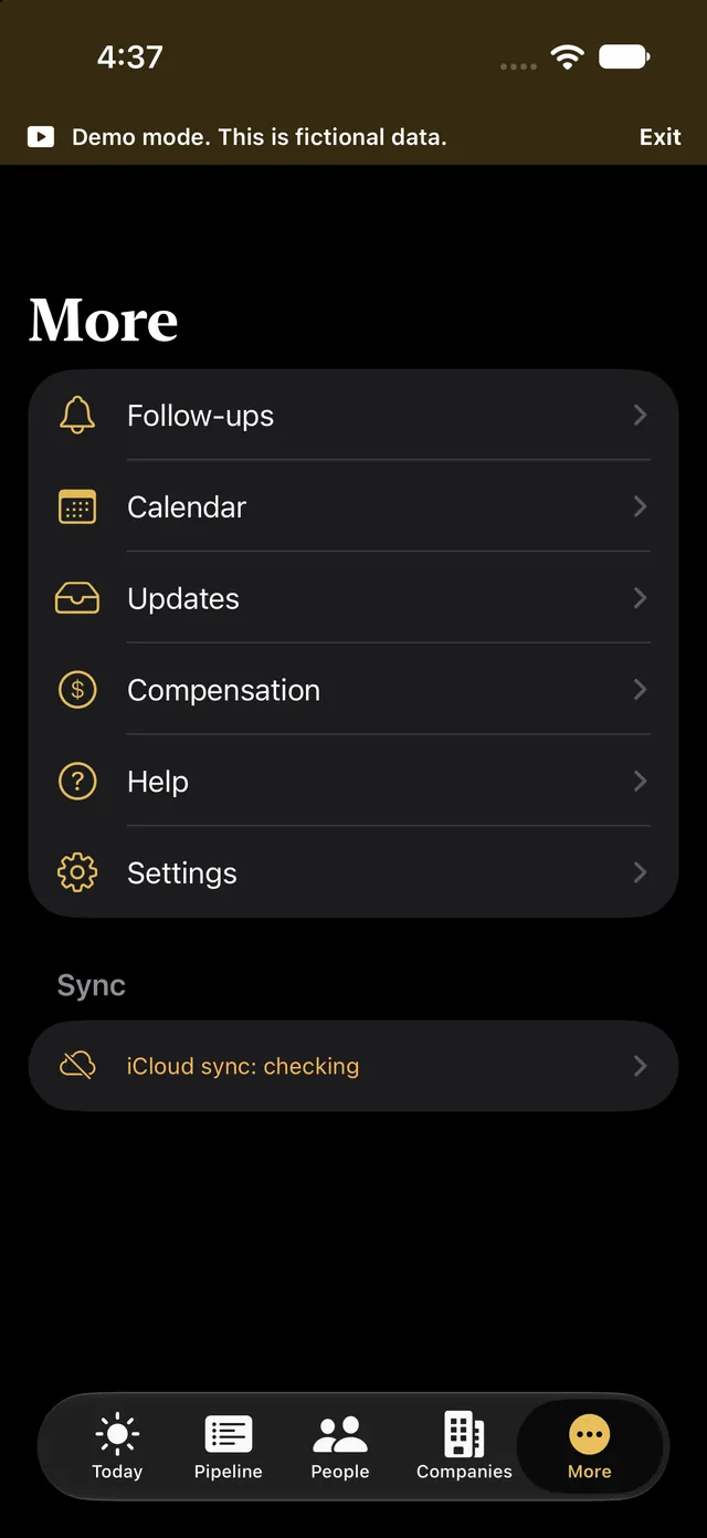 The More screen on iPhone with Follow-ups, Calendar, Updates, Compensation, Help and Settings