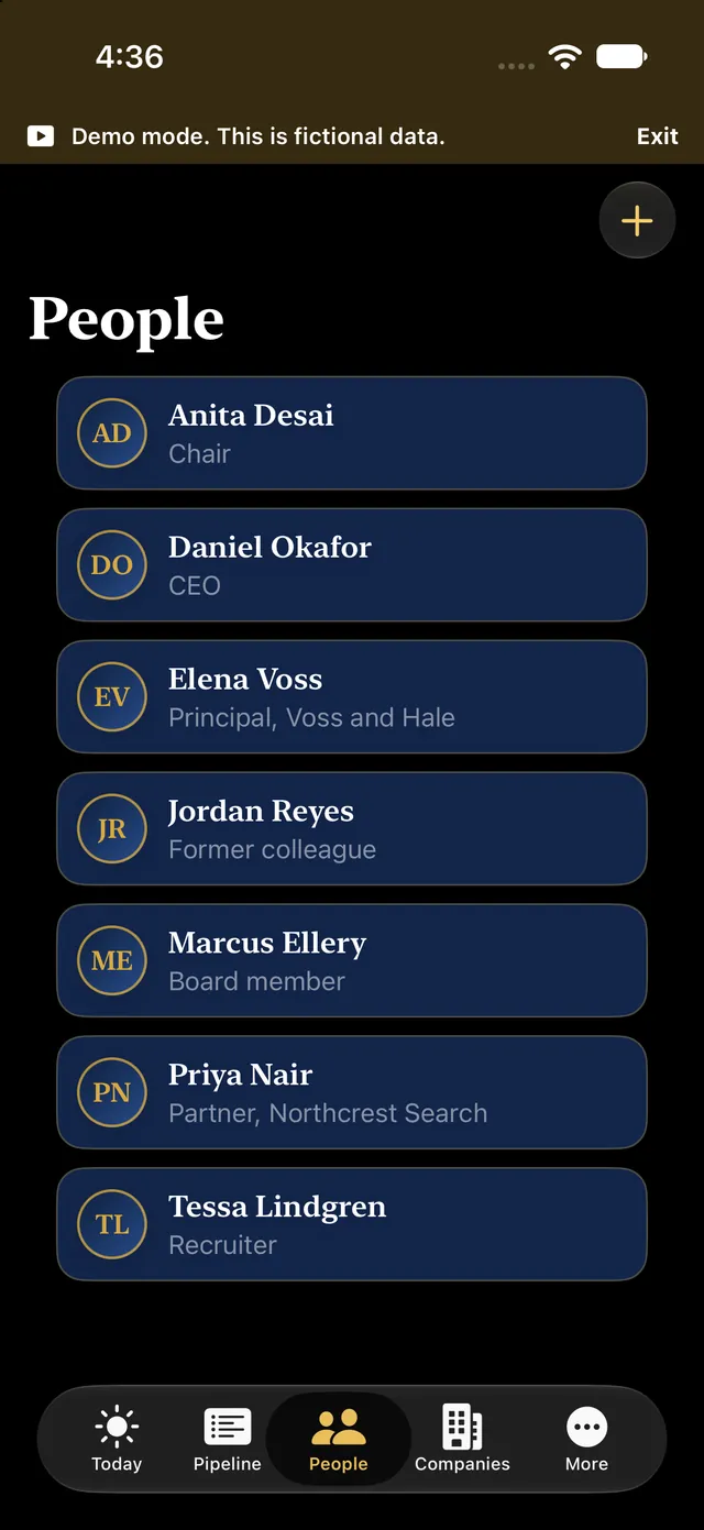 The People screen on iPhone listing seven fictional contacts with their roles