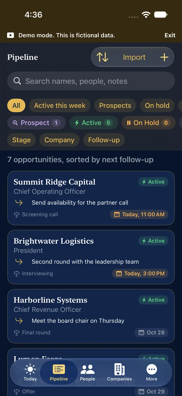 The Pipeline screen on iPhone with search, status filters and a list of fictional opportunities sorted by next follow-up