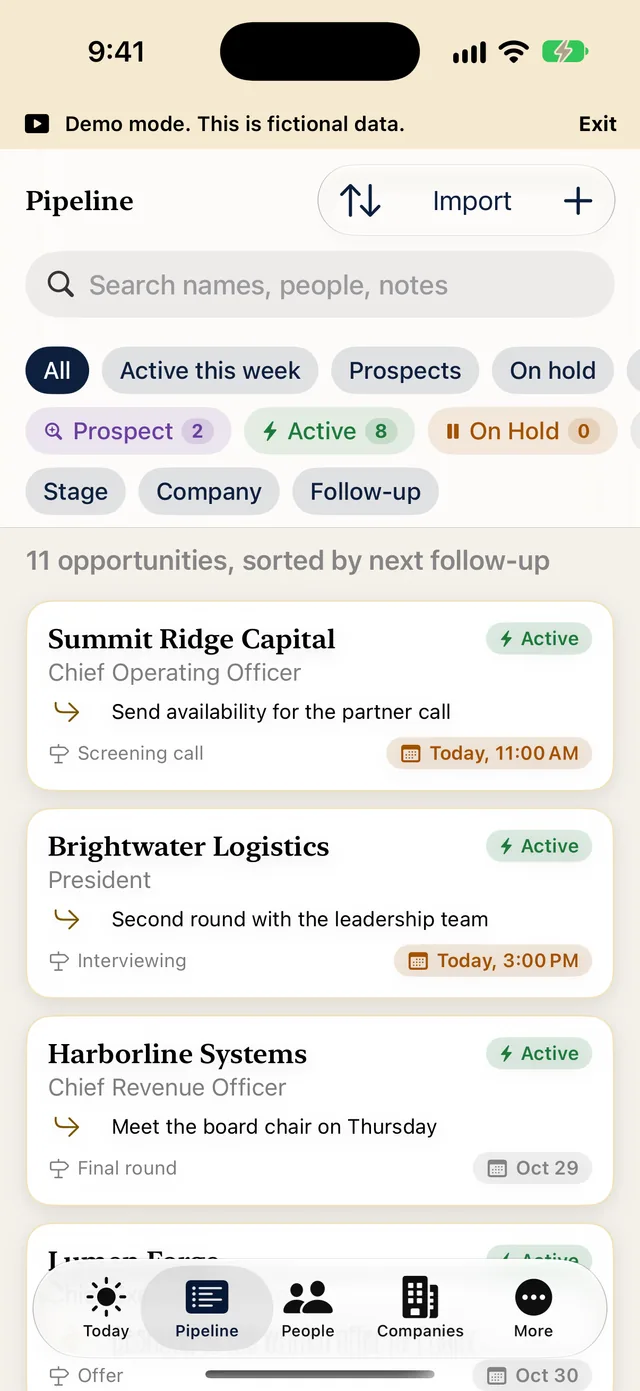 The Pipeline screen on iPhone with status filters and a list of fictional opportunities