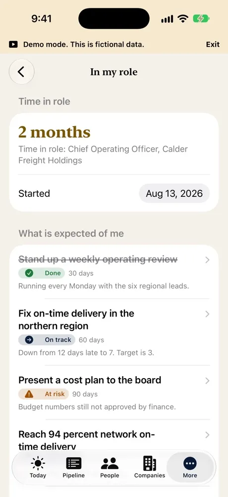 The In my role screen on iPhone with time in role and what is expected of me