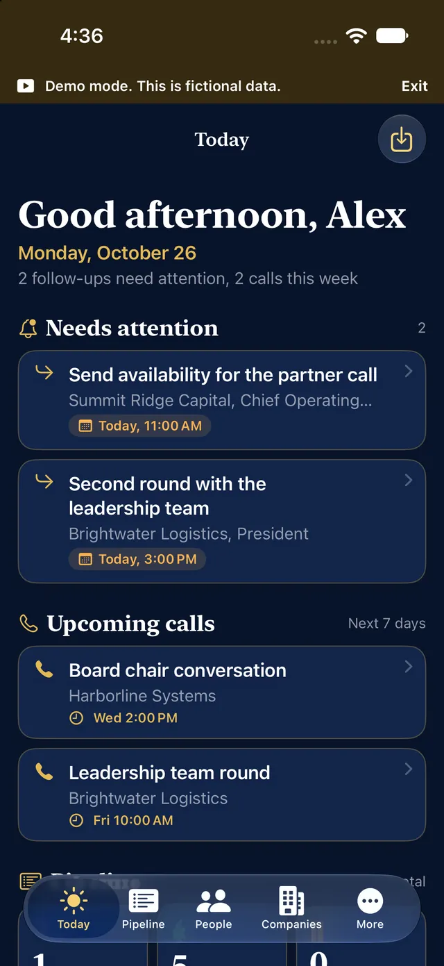 The Today screen on iPhone: two items under Needs attention and two upcoming calls, with a Demo mode bar at the top