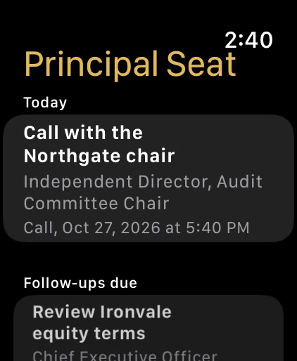 The Today screen on Apple Watch showing a fictional next call
