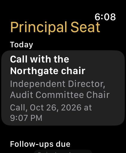 The Today screen on Apple Watch showing a fictional call and follow-ups due